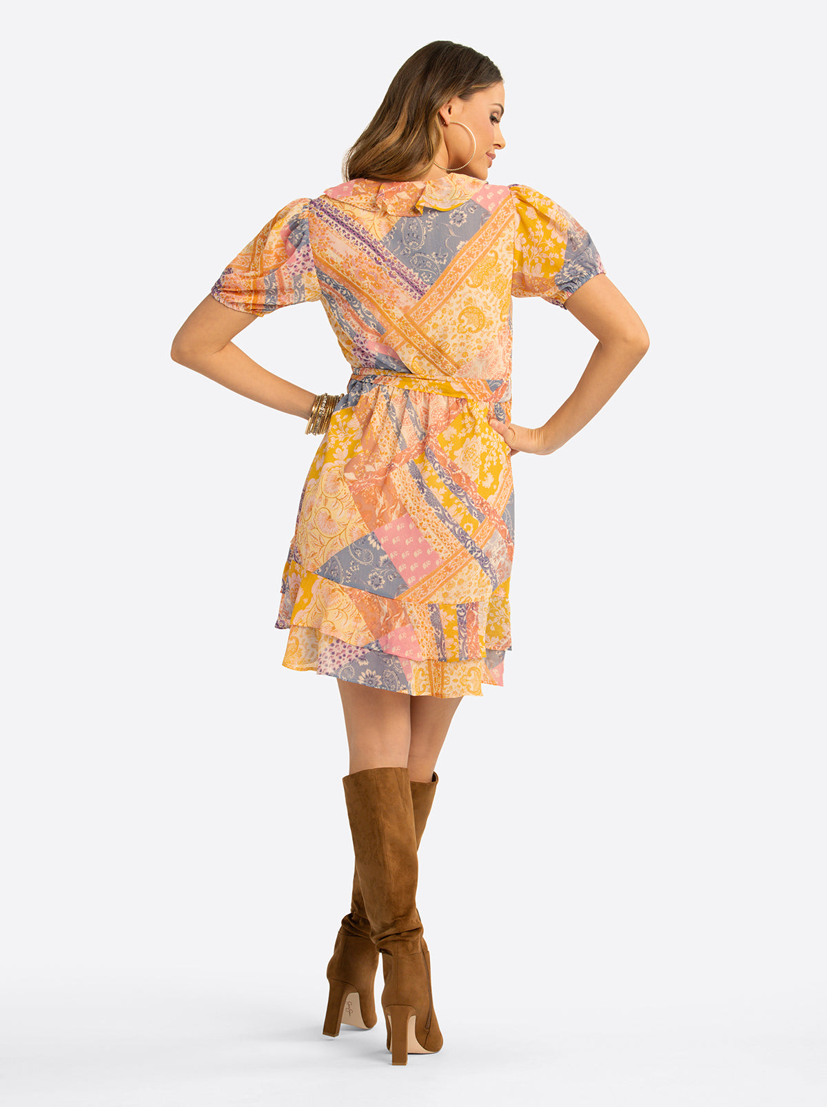 Jessica Simpson JS Jessica Simpson Yasmin Ruffle Wrap Dress in Multi Celestial Patchwo