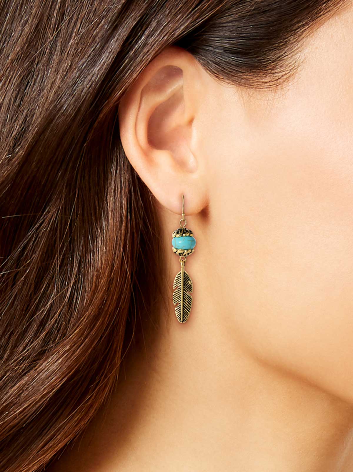 Jessica Simpson Turquoise Bead Feather Drop Earrings in Gold