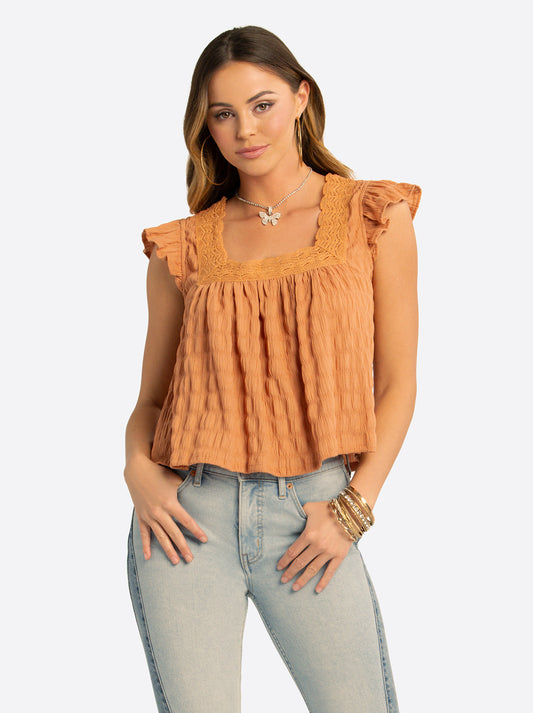 Jessica Simpson JS Jessica Simpson Dani Lace Trimmed Blouse in Camel