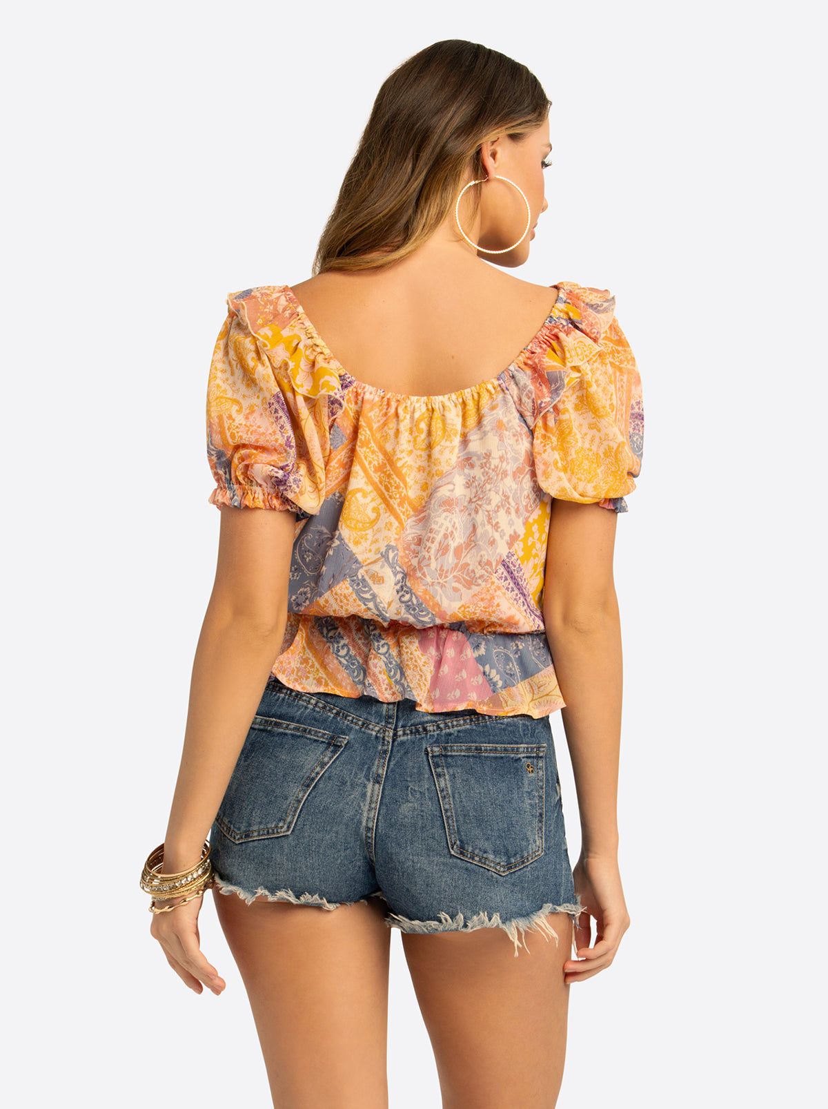 Jessica Simpson JS Jessica Simpson Cozette Peplum Blouse in Multi Celestial Patchwork