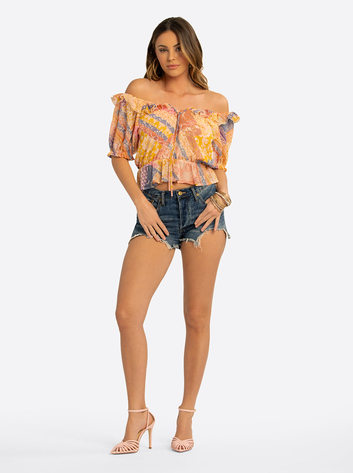 Jessica Simpson JS Jessica Simpson Cozette Peplum Blouse in Multi Celestial Patchwork