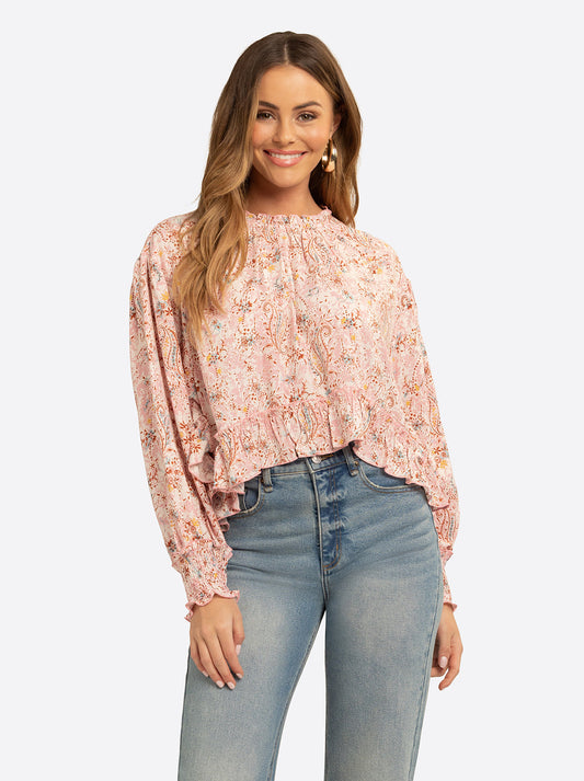 Jessica Simpson JS Jessica Simpson Anaya Mock Neck Blouse in Shell-Calia Paisley
