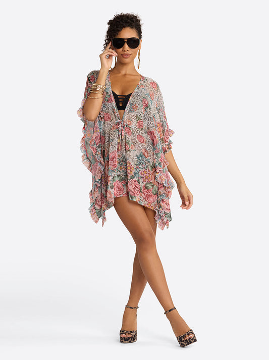 Jessica Simpson Animal Control Ruffle Cover Up Dress in Rose Multi