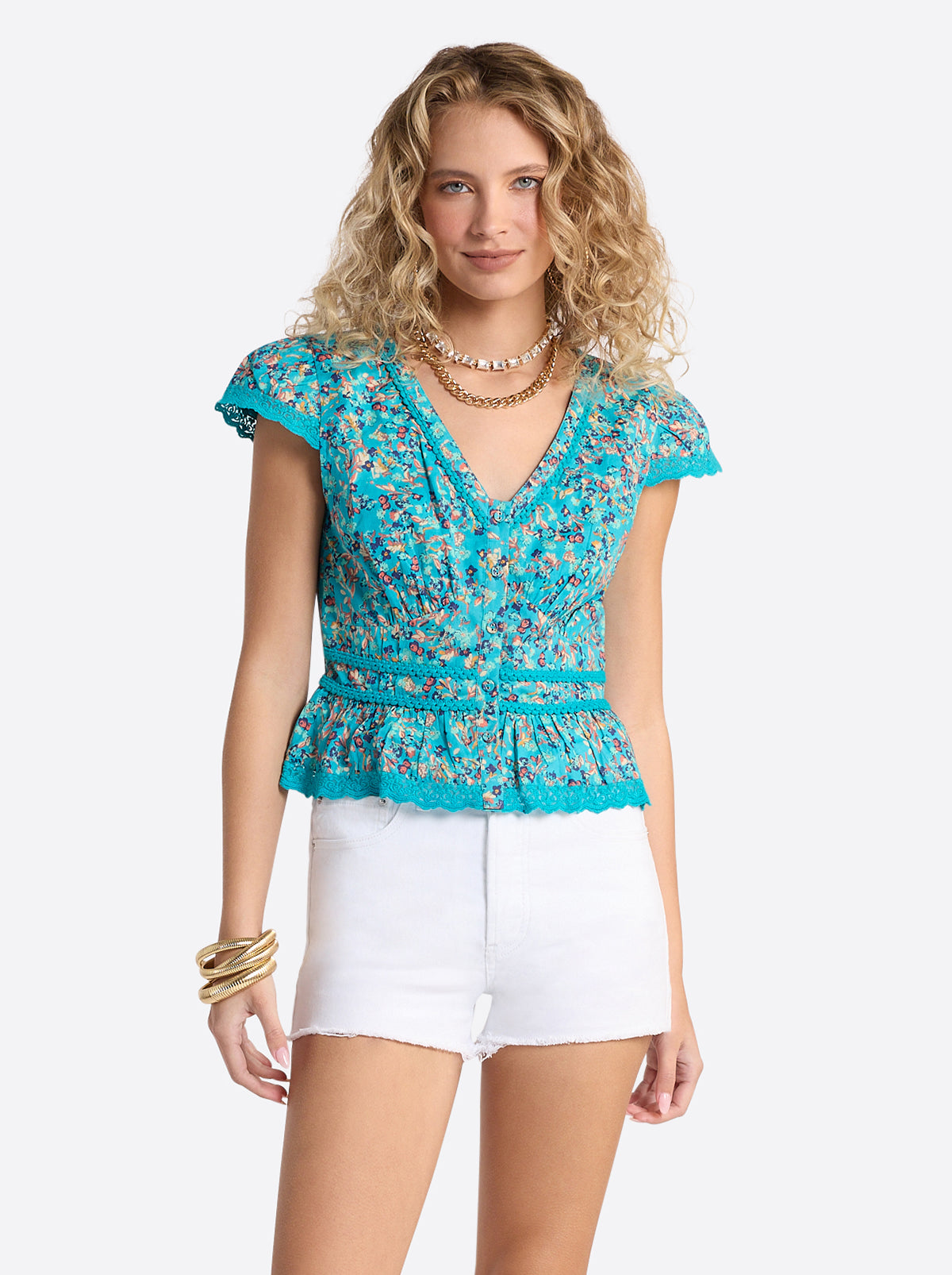 Jessica Simpson Alessia Blouse in Tile Blue Acrylic Ditsy