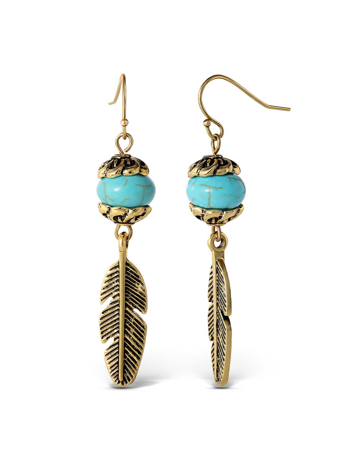 Jessica Simpson Turquoise Bead Feather Drop Earrings in Gold
