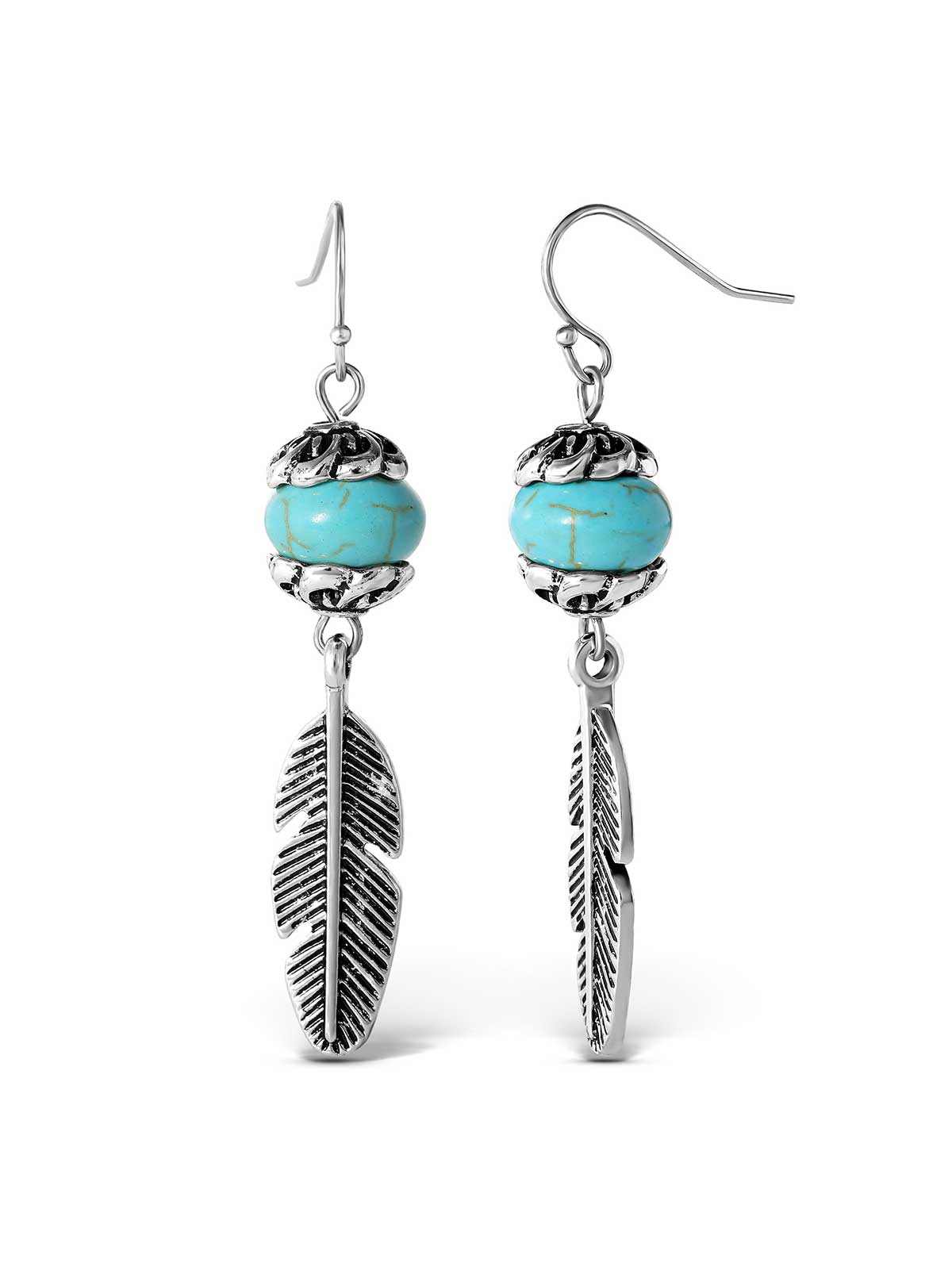 Jessica Simpson Turquoise Bead Feather Drop Earrings in Silver
