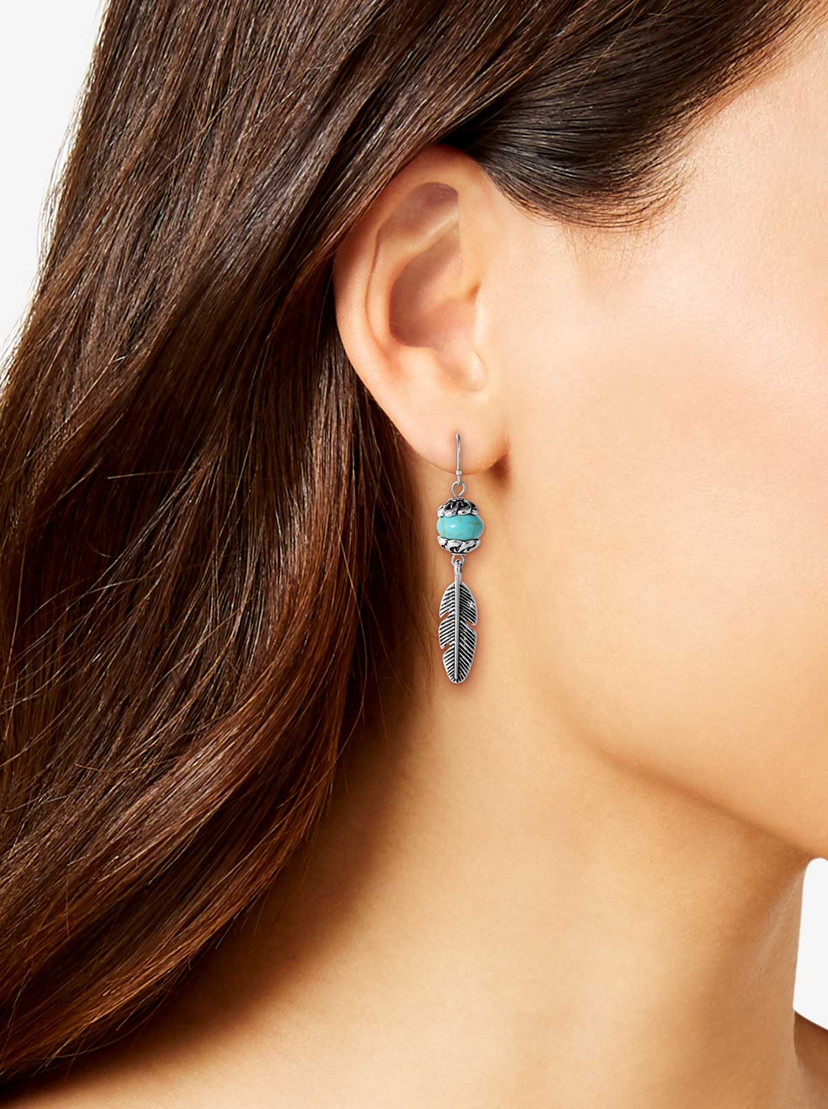 Jessica Simpson Turquoise Bead Feather Drop Earrings in Silver