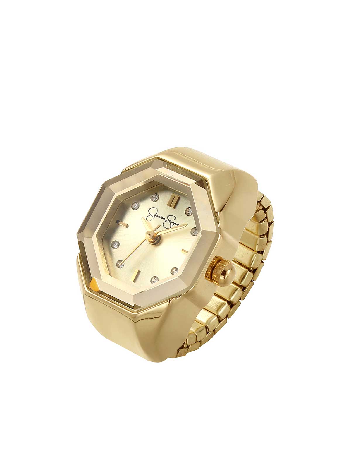 Jessica Simpson Faceted Bezel Crystal Ring Watch in Gold
