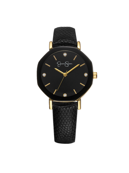 Jessica Simpson Metallized Bezel Strap Watch in Black & Gold Tone