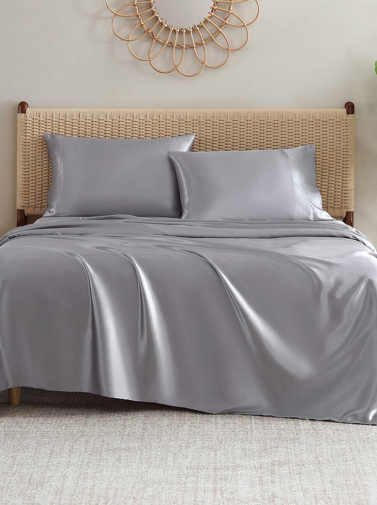 Jessica Simpson Silky Satin Sheet Set in Harbor Mist Grey