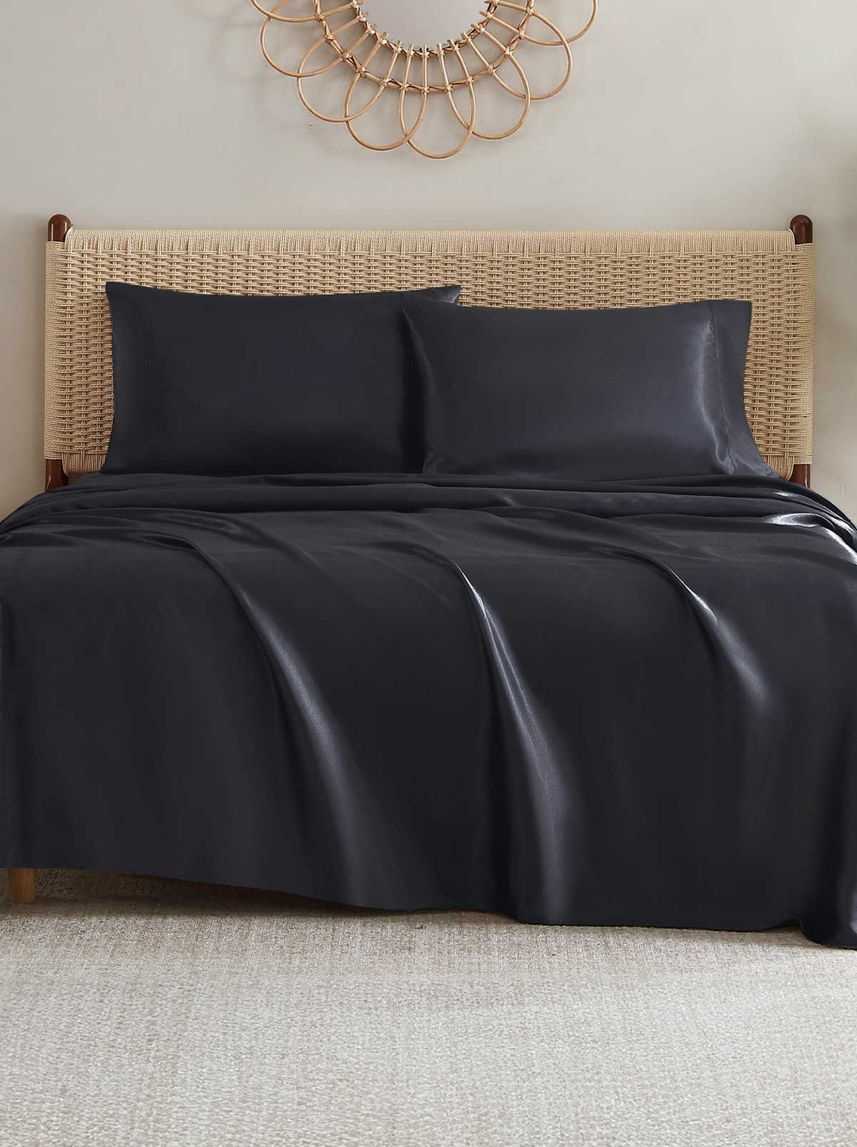 Jessica Simpson Silky Satin Sheet Set in Jet Black